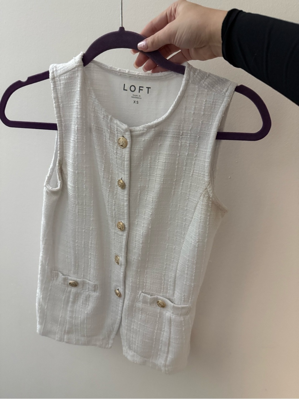 LOFT Cream Tweed Sleeveless Button-Front Vest with Gold Buttons